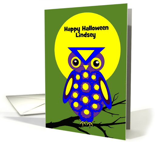Personalized Name Halloween Owl W Big Yellow Moon on Tree Branch card