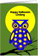 Personalized Name Halloween Owl W Big Yellow Moon on Tree Branch card