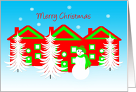 Merry Christmas Jolly Snowman with Red and Green Houses card