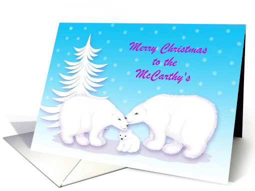 Custom Name Specific For Christmas Snuggling Polar Bears in Snow card