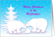 Custom Name Specific For Christmas Snuggling Polar Bears in Snow card