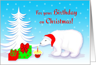 Christmas Birthday Polar Bear With Santa Hat and Cupcake card