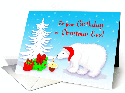 Christmas Eve Birthday Polar Bear With Santa Hat and Cupcake card