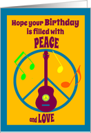 Birthday Colorful Peace Love Guitar and Music Notes card