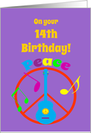 Birthday 14th Peace Sign, Guitar and Music Notes card