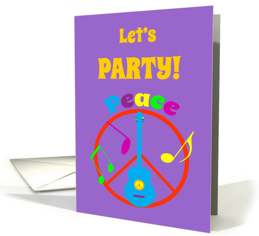 Tween Birthday Invitation Peace Sign, Guitar. Music Notes card