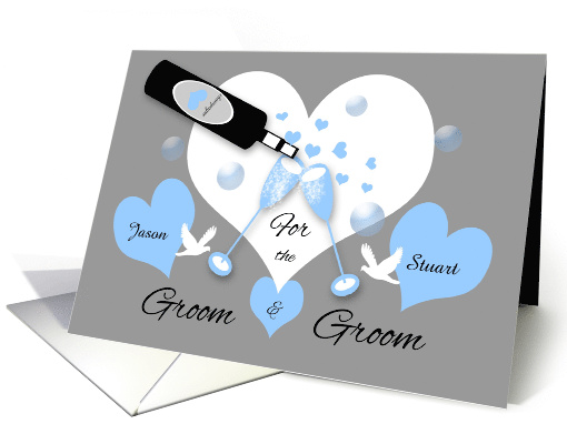 Gay Wedding Custom Name Champagne, Hearts, Bubbles, Doves card