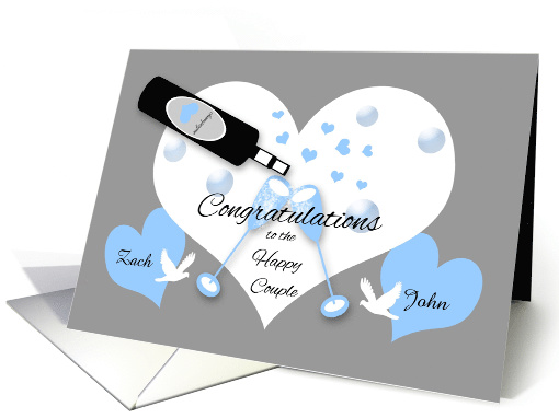 Gay Wedding Shower Custom Name Champagne, Hearts, Bubbles, Doves card