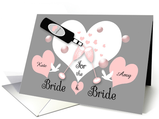 Lesbian Wedding Custom Name Champagne, Hearts, Bubbles, Doves card