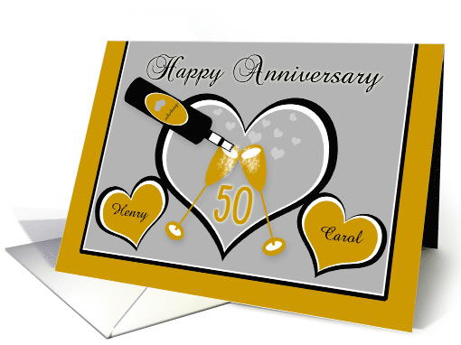 Anniversary 50th Custom Names Champagne Toast and Hearts card