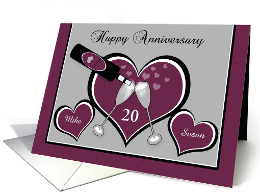 Anniversary Custom Name and Year Champagne Toast and Hearts card