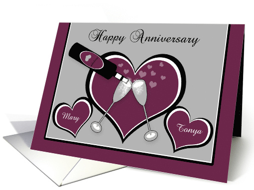 Anniversary Lesbian custom name Bubbly Champagne Toast and Hearts card