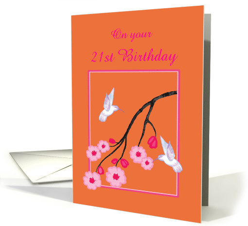 Custom 21st Birthday White Hummingbirds on Cherry Blossom Branch card
