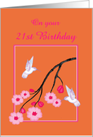 Custom 21st Birthday White Hummingbirds on Cherry Blossom Branch card