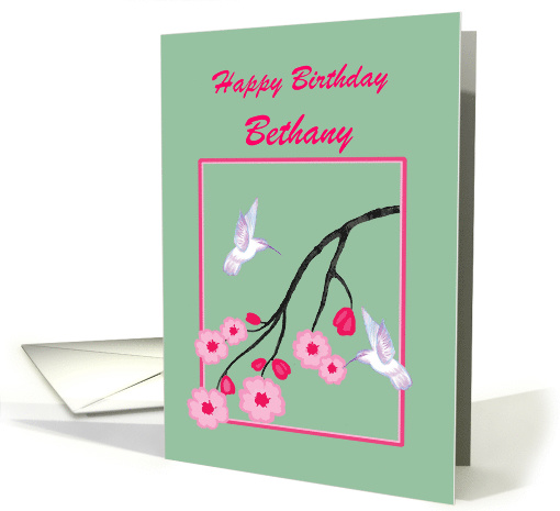 Custom Name Birthday White Hummingbirds on Cherry Blossom Branch card