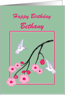 Custom Name Birthday White Hummingbirds on Cherry Blossom Branch card