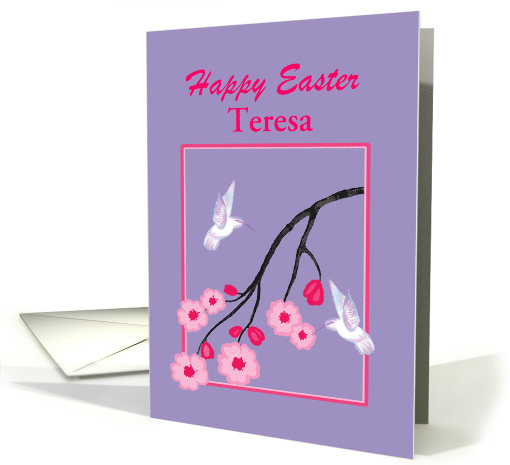 Custom Name Easter White Hummingbirds on Cherry Blossom Branch card