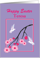 Custom Name Easter White Hummingbirds on Cherry Blossom Branch card
