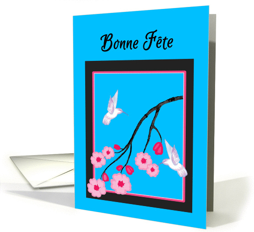 Bonne Fete Name Day White Hummingbirds on Cherry Blossom Branch card