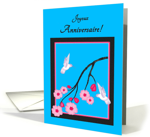 French Birthday White Hummingbirds on Cherry Blossom Branch card