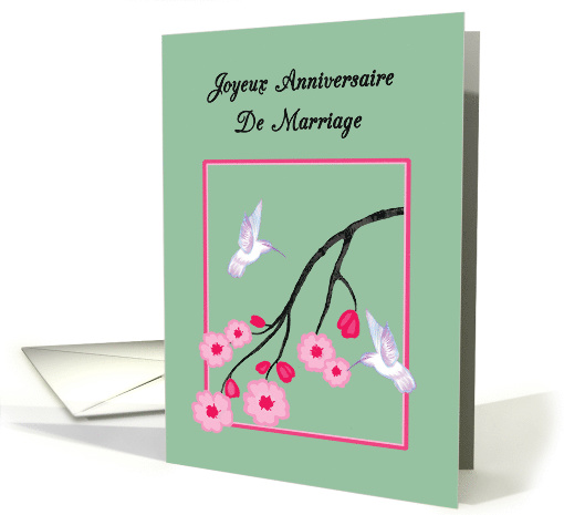 French Anniversary White Hummingbirds on Cherry Blossoms card