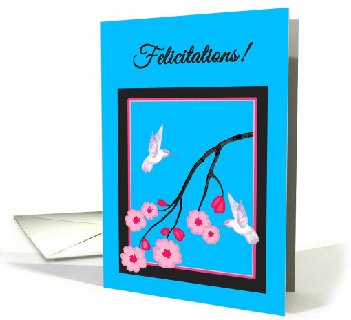 French Congratulations White Hummingbirds on Cherry Blossoms card