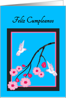 Spanish Birthday White Hummingbirds on Cherry Blossoms card