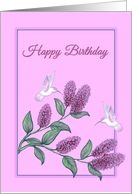 Birthday Flowers and White Hummingbirds on Lilac Tree Branch card
