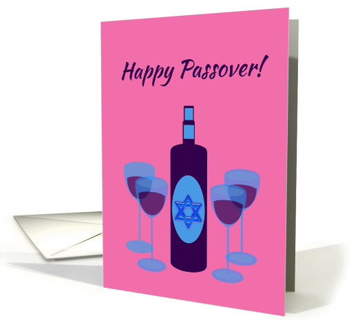 Passover Wine Bottle and Four Glasses on Pink card (1247772)