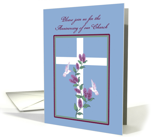 Church Custom Anniversary Cross, Lilacs and White hummingbirds card