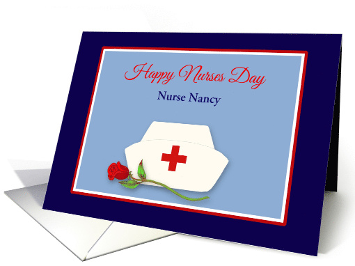 Nurses Day for Custom Name Nurses Cap w Red Rose Illustration card