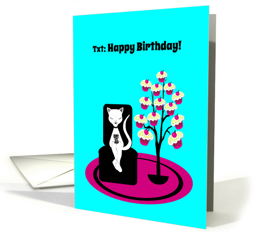 Birthday Humor Texting Cat Illustration with Cupcake Tree card