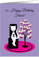 Friend Birthday Humor Funny Texting Cat with Cupcake Tree card