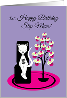 Step Mum Birthday Humor Funny Texting Cat with Cupcake Tree card