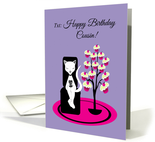 Cousin Birthday Humor Funny Texting Cat with Cupcake Tree card
