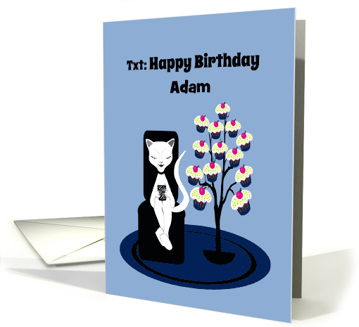 Custom Name Birthday Humor Funny Texting Cat with Cupcake Tree card