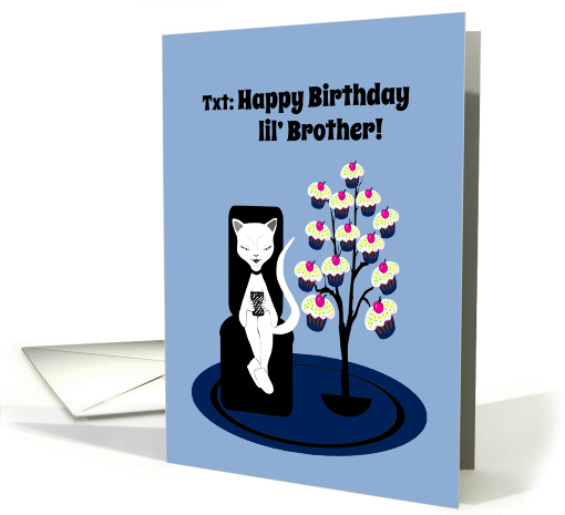 Little Brother Birthday Humor Funny Texting Cat with Cupcake Tree card