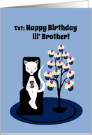 Little Brother Birthday Humor Funny Texting Cat with Cupcake Tree card
