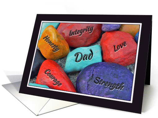 Father's Day Dad Qualities Carved in Colorful Painted Rocks card