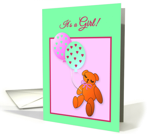 Annoucement New Baby Girl Teddy Bear with Balloons card (1282360)