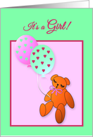 Annoucement New Baby Girl Teddy Bear with Balloons card