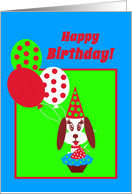 Kids Birthday Dog with Cupcake, Red Strawberry and Balloons card