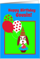 Birthday Cousin Dog with Cupcake, Red Strawberry and Balloons card