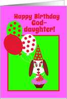 Birthday Godaughter Dog w Cupcake, Red Strawberry and Balloons card