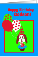 Birthday Godson Dog w Cupcake, Red Strawberry and Balloons card