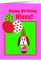 Birthday Niece Dog w Cupcake, Red Strawberry and Balloons card