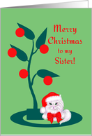 Sister Christmas White Cat in Santa Hat card