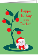 Christmas for Teacher White Cat in Santa Hat card