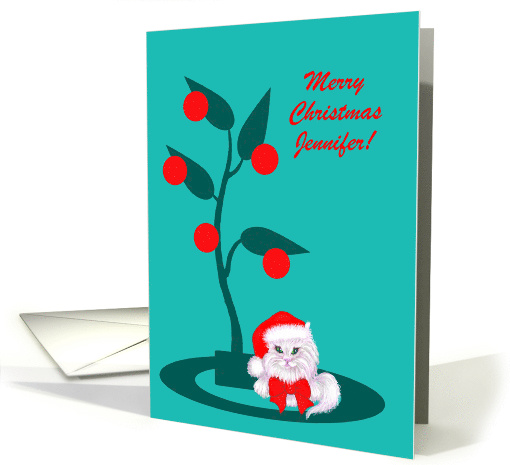Custom Name Christmas White Cat in Santa Hat card (1331978)