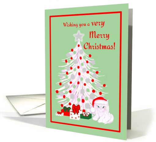 Christmas White Cat in Santa Hat with Tree and Gifts card (1332016)